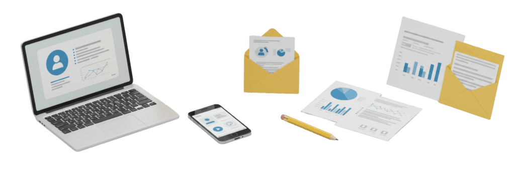 Laptop, móvil, sobres, documentos y lápiz que representan el inicio de un proyecto