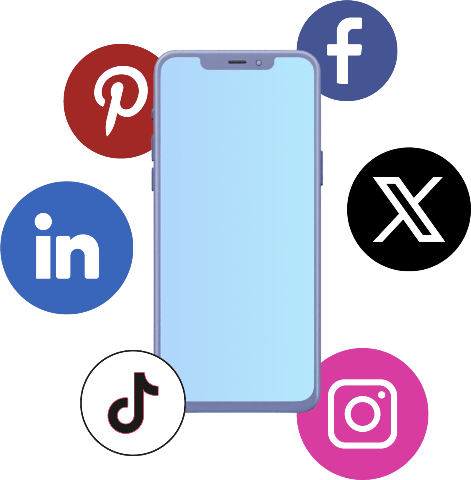 Iconos de redes sociales (Facebook, LinkedIn, TikTok, Instagram, X) rodeando a un smartphone